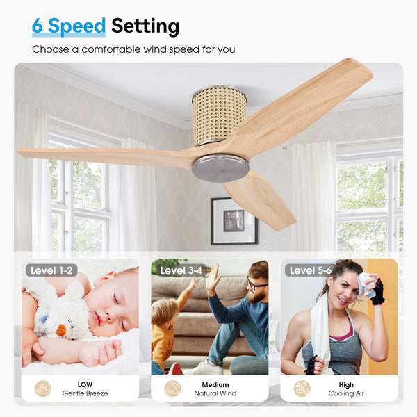 RattanLuxe | 48" Flush Mount Wood Blades Ceiling Fan