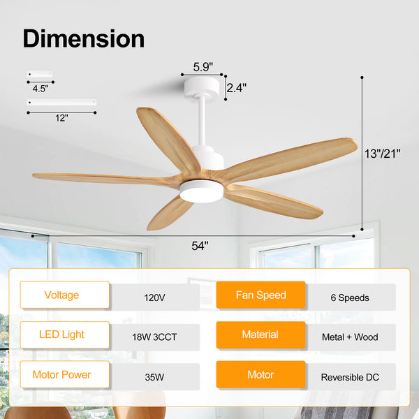AirVora| 54" Wood Blades Ceiling Fan with Light