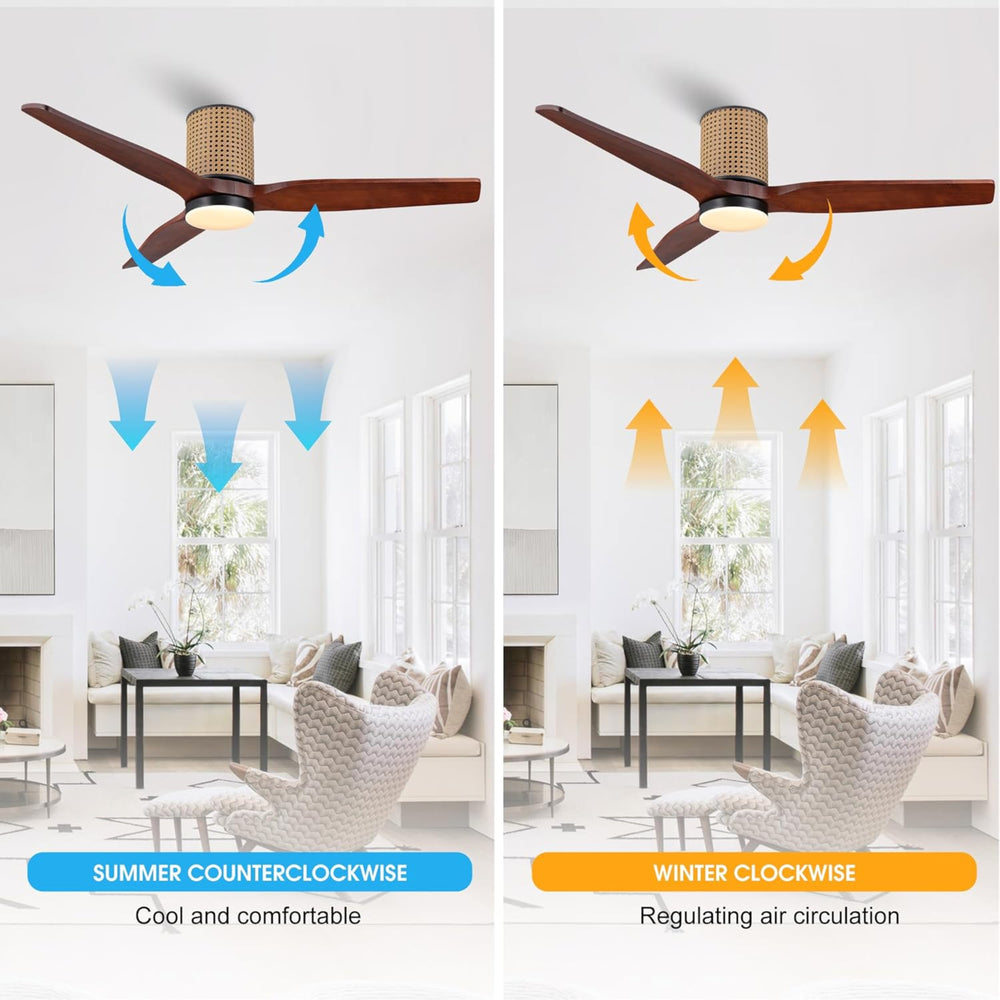 RattanLuxe | 52" Flush Mount Wood Blades Ceiling Fan with Light