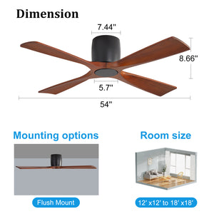 Whisora | 54" Flush Mount Wood 4 Blades Ceiling Fan