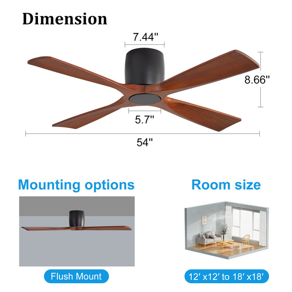 Whisora | 54" Flush Mount Wood 4 Blades Ceiling Fan