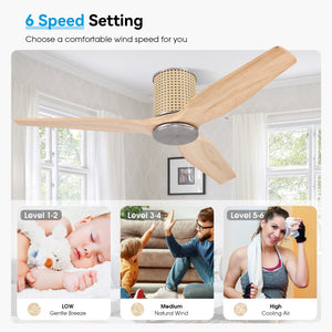 RattanLuxe | 48" Flush Mount Wood Blades Ceiling Fan
