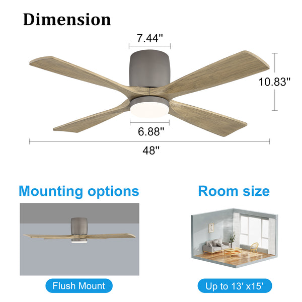 Whisora | 48" Flush Mount Wood 4 Blades Ceiling Fan with Light