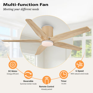 RattanElegance | 54" Flush Mount Wood Blades Ceiling Fan with Light