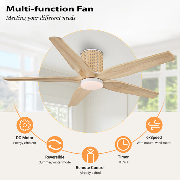RattanElegance | 54" Flush Mount Wood Blades Ceiling Fan with Light