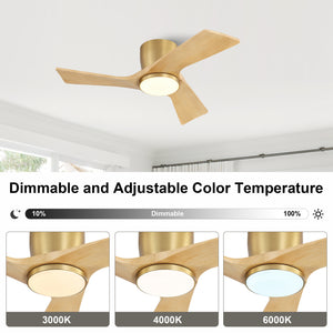SkyLume | 36" Flush Mount Wood 3 Blades Ceiling Fan with Light