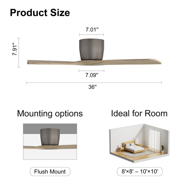 SkyLume | 36" Flush Mount Wood 3 Blades Ceiling Fan