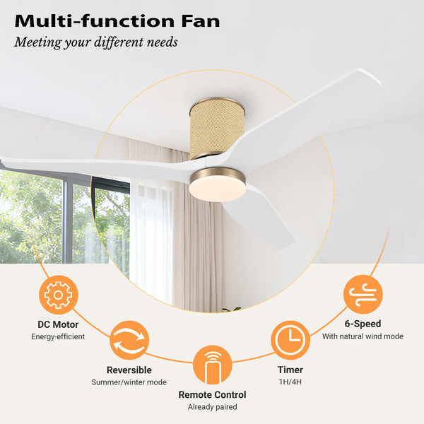 RattanAura | 52" Flush Mount Wood Blades Ceiling Fan with Light