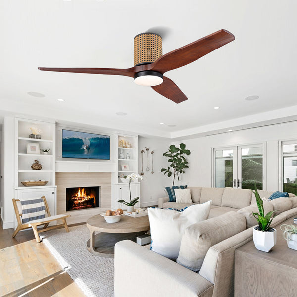 RattanLuxe | 52" Flush Mount Wood Blades Ceiling Fan with Light