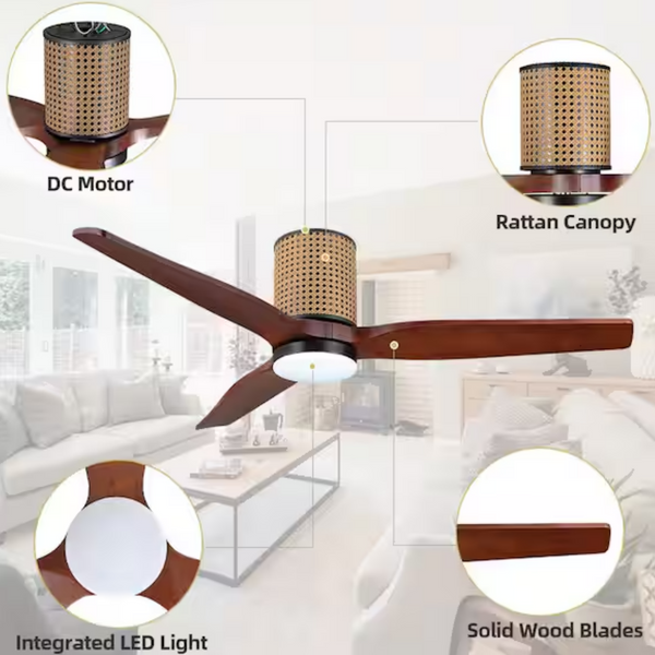 RattanLuxe | 52" Flush Mount Wood Blades Ceiling Fan with Light
