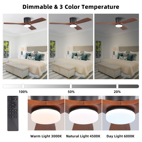 Calmo | 48’’ Flush Monut Wood Blades Ceiling Fan with Light
