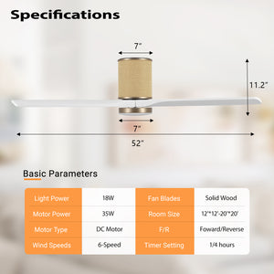 RattanAura | 52" Flush Mount Wood Blades Ceiling Fan with Light