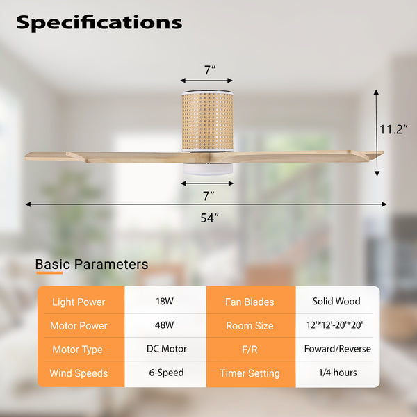 RattanElegance | 54" Flush Mount Wood Blades Ceiling Fan with Light