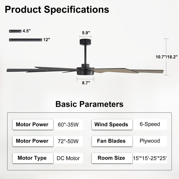 Wallisgo | 72" Wood Blades Ceiling Fan
