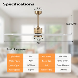 RattanElegance | 60" Wood Blades Ceiling Fan with Light