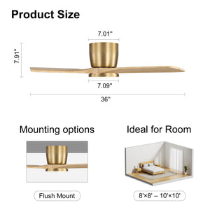 SkyLume | 36" Flush Mount Wood 3 Blades Ceiling Fan with Light