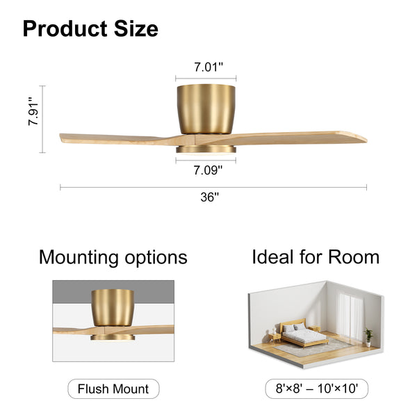 SkyLume | 36" Flush Mount Wood 3 Blades Ceiling Fan with Light