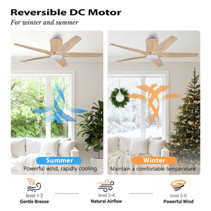 RattanElegance | 54" Flush Mount Wood Blades Ceiling Fan with Light