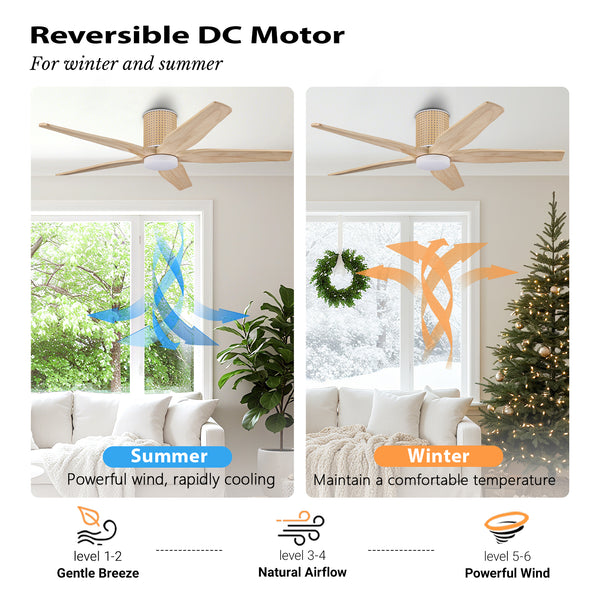 RattanElegance | 54" Flush Mount Wood Blades Ceiling Fan with Light