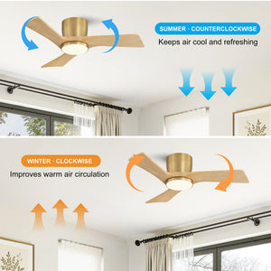 SkyLume | 36" Flush Mount Wood 3 Blades Ceiling Fan with Light