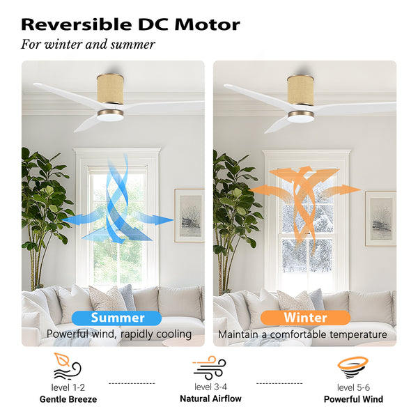 RattanAura | 52" Flush Mount Wood Blades Ceiling Fan with Light