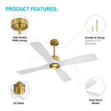 Load image into Gallery viewer, Wingbo Flying-MS DC Ceiling Fan without Lights, 4 Carved Solid Wood Blades,Brass &amp; White
