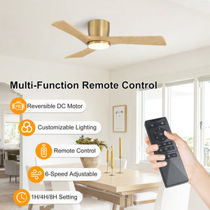 SkyLume | 42" Flush Mount Wood 3 Blades Ceiling Fan with Light