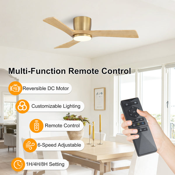 SkyLume | 42" Flush Mount Wood 3 Blades Ceiling Fan with Light