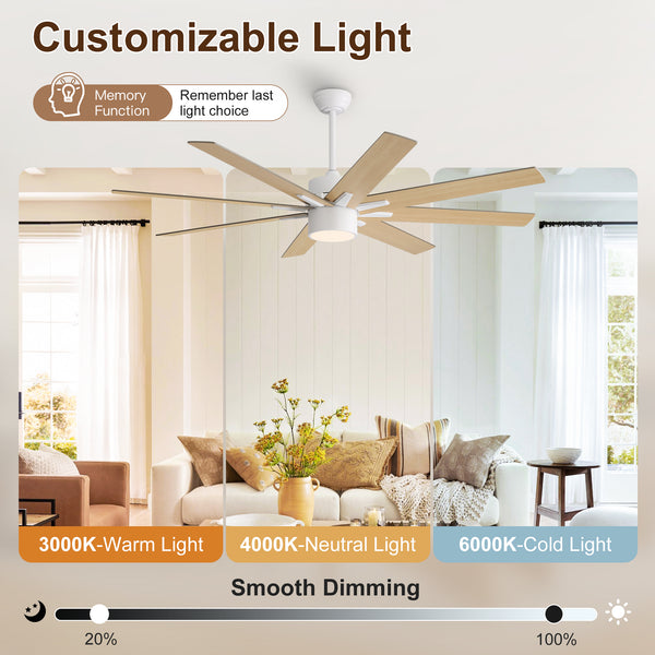 Climora | 64’’ Wood Blades Ceiling Fan with light