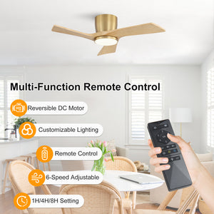 SkyLume | 36" Flush Mount Wood 3 Blades Ceiling Fan with Light