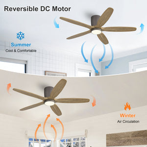 Auralis | 54" Flush Mount Wood 5 Blades Ceiling Fan with Light