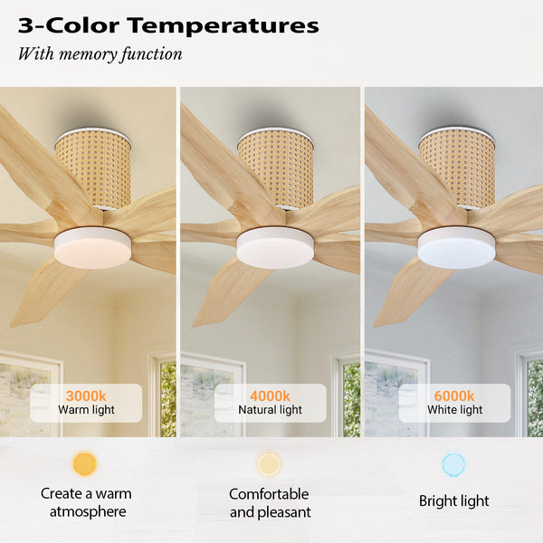 RattanElegance | 54" Flush Mount Wood Blades Ceiling Fan with Light