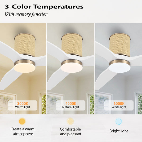 RattanAura | 52" Flush Mount Wood Blades Ceiling Fan with Light