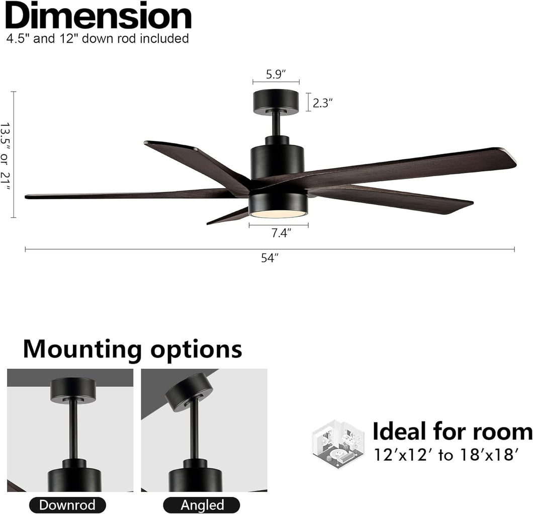 Wingbo Rotating-Pro Reversible Carved Wood Blades Modern Ceiling Fan in Matte Black Finish with Walnut Blades