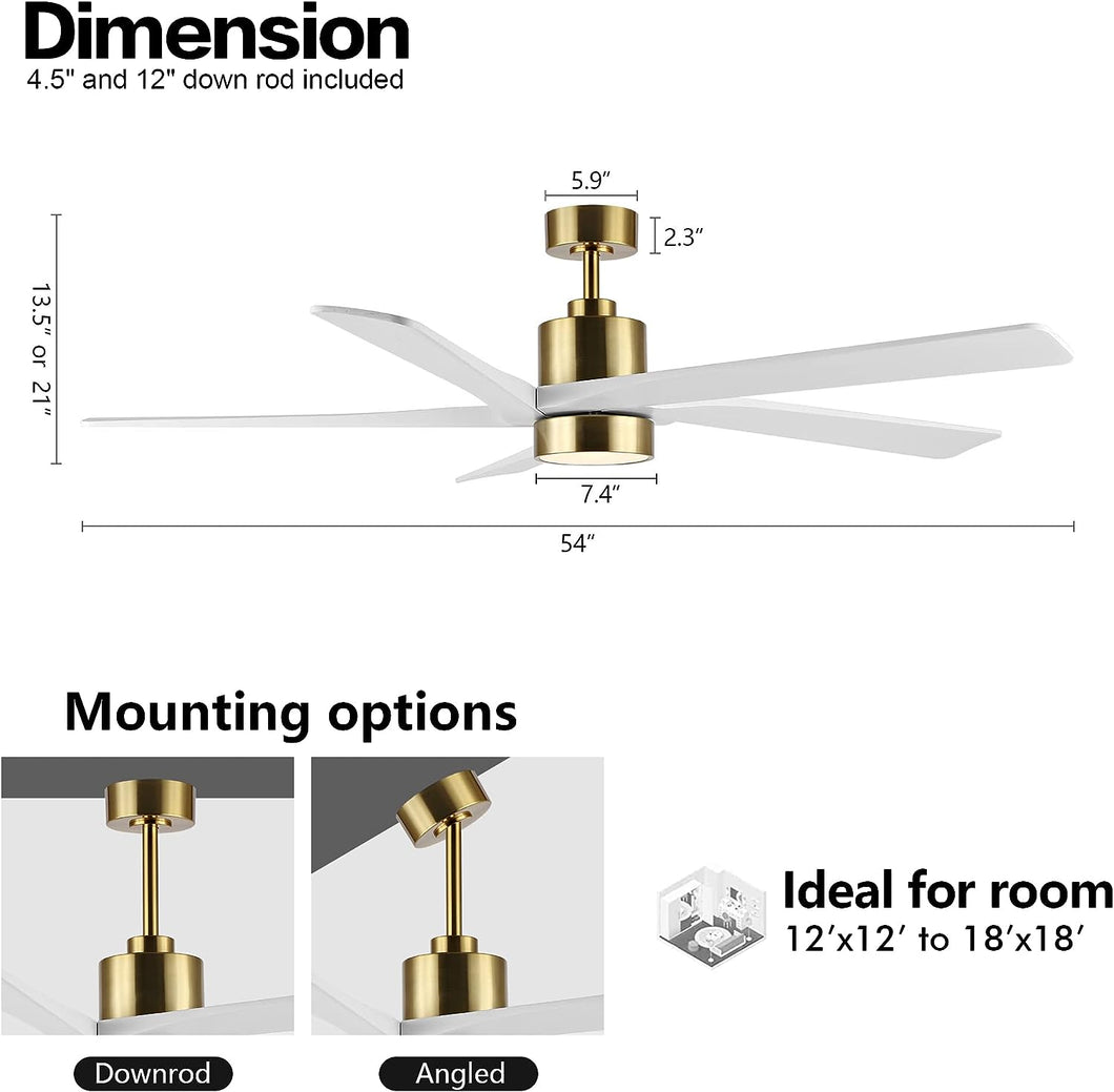 Wingbo Rotating-Pro Reversible Carved Wood Blades Modern Ceiling Fan in Brass Finish with White Blades