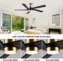 Load image into Gallery viewer, Wingbo Rotating-Pro Reversible Carved Wood Blades Modern Ceiling Fan in Brass Finish with Black Blades
