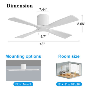 Whisora | 48" Flush Mount Wood 4 Blades Ceiling Fan