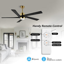 Load image into Gallery viewer, Wingbo Rotating-Pro Reversible Carved Wood Blades Modern Ceiling Fan in Brass Finish with Black Blades
