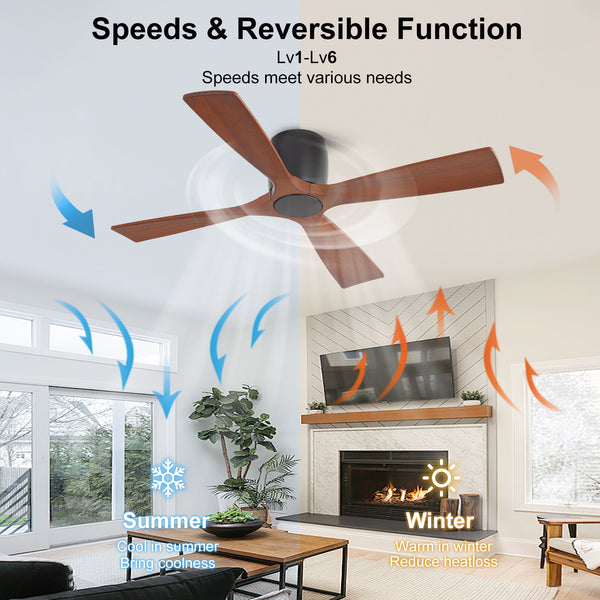 Whisora | 54" Flush Mount Wood 4 Blades Ceiling Fan