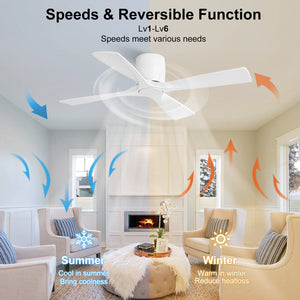 Whisora | 48" Flush Mount Wood 4 Blades Ceiling Fan