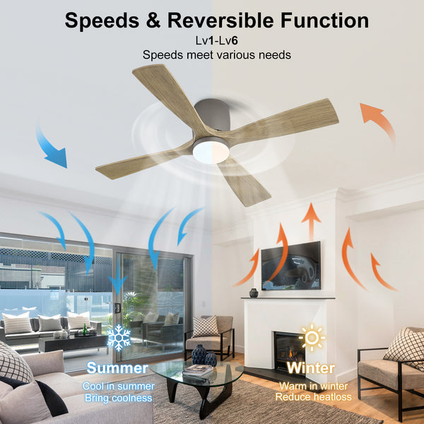 Whisora | 48" Flush Mount Wood 4 Blades Ceiling Fan with Light