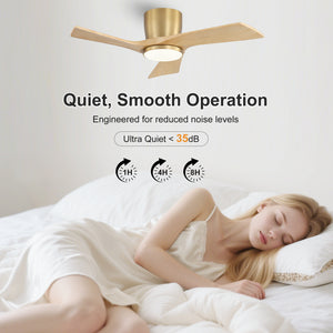 SkyLume | 36" Flush Mount Wood 3 Blades Ceiling Fan with Light