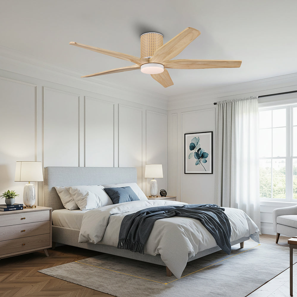 RattanElegance | 54" Flush Mount Wood Blades Ceiling Fan with Light