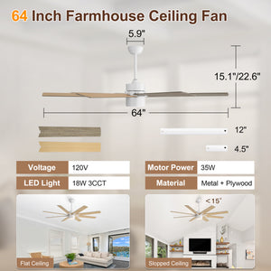 Climora | 64’’ Wood Blades Ceiling Fan with light
