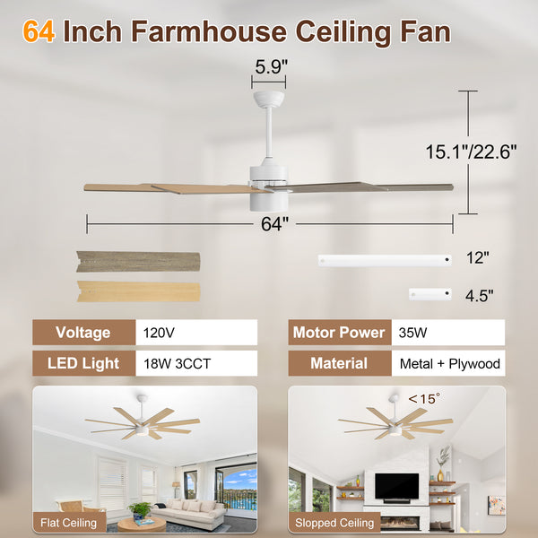Climora | 64’’ Wood Blades Ceiling Fan with light