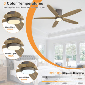 Auralis | 54" Flush Mount Wood 5 Blades Ceiling Fan with Light