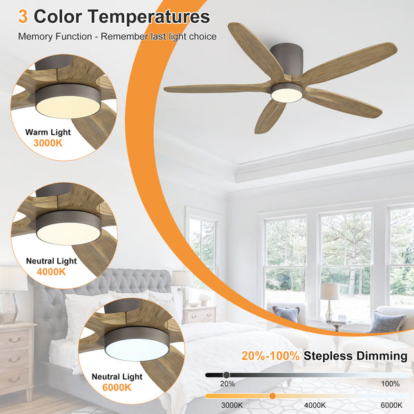 Auralis | 54" Flush Mount Wood 5 Blades Ceiling Fan with Light