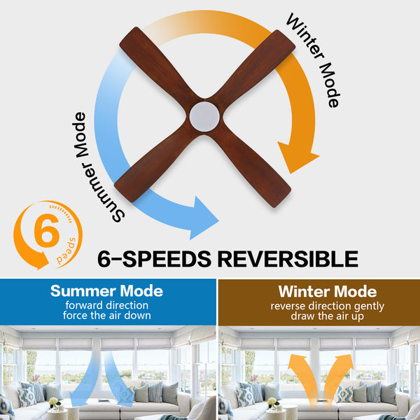 Fan with reversible summer and winter modes and 6-speeds on a white background.