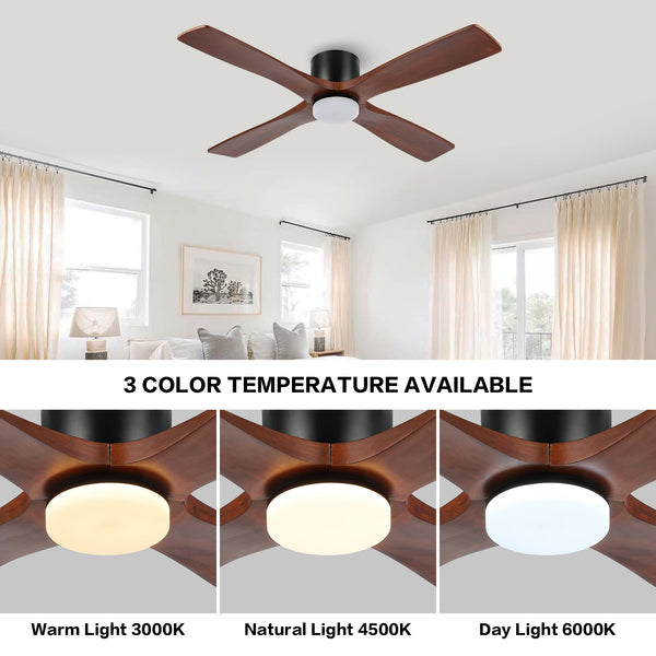 Ceiling fan with three color temperature options displayed in a room setting.
