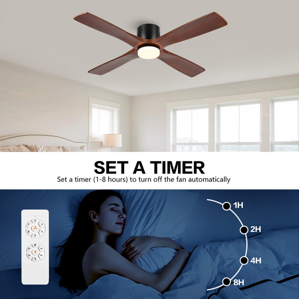 Ceiling fan in a room with a woman sleeping on a bed, featuring text about setting a timer.